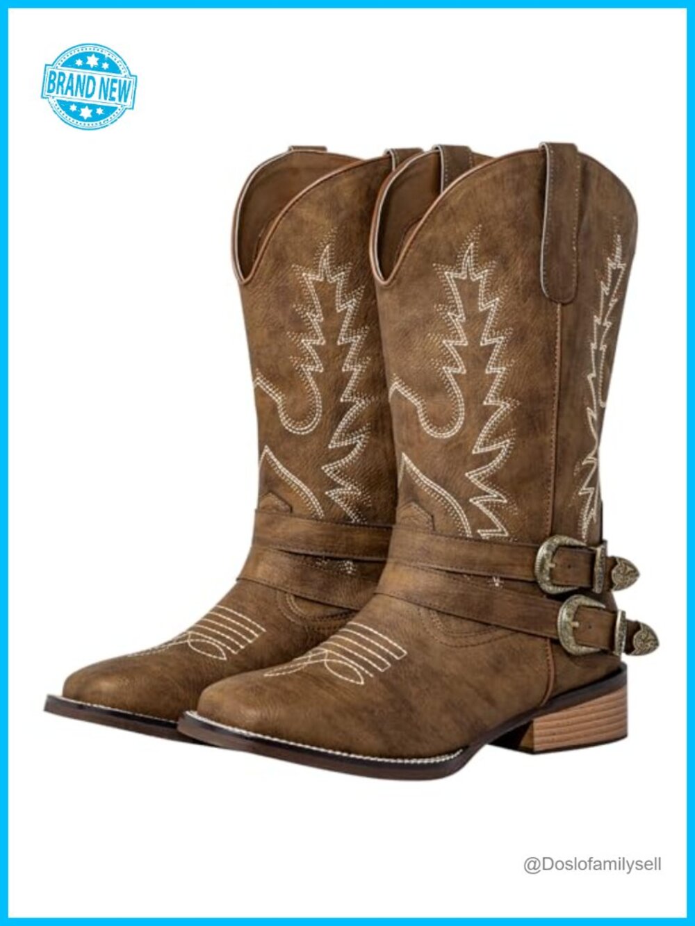 Extra Wide Calf Cowgirl Boots with Buckles, Hidden Stretch Panel, Square Toe